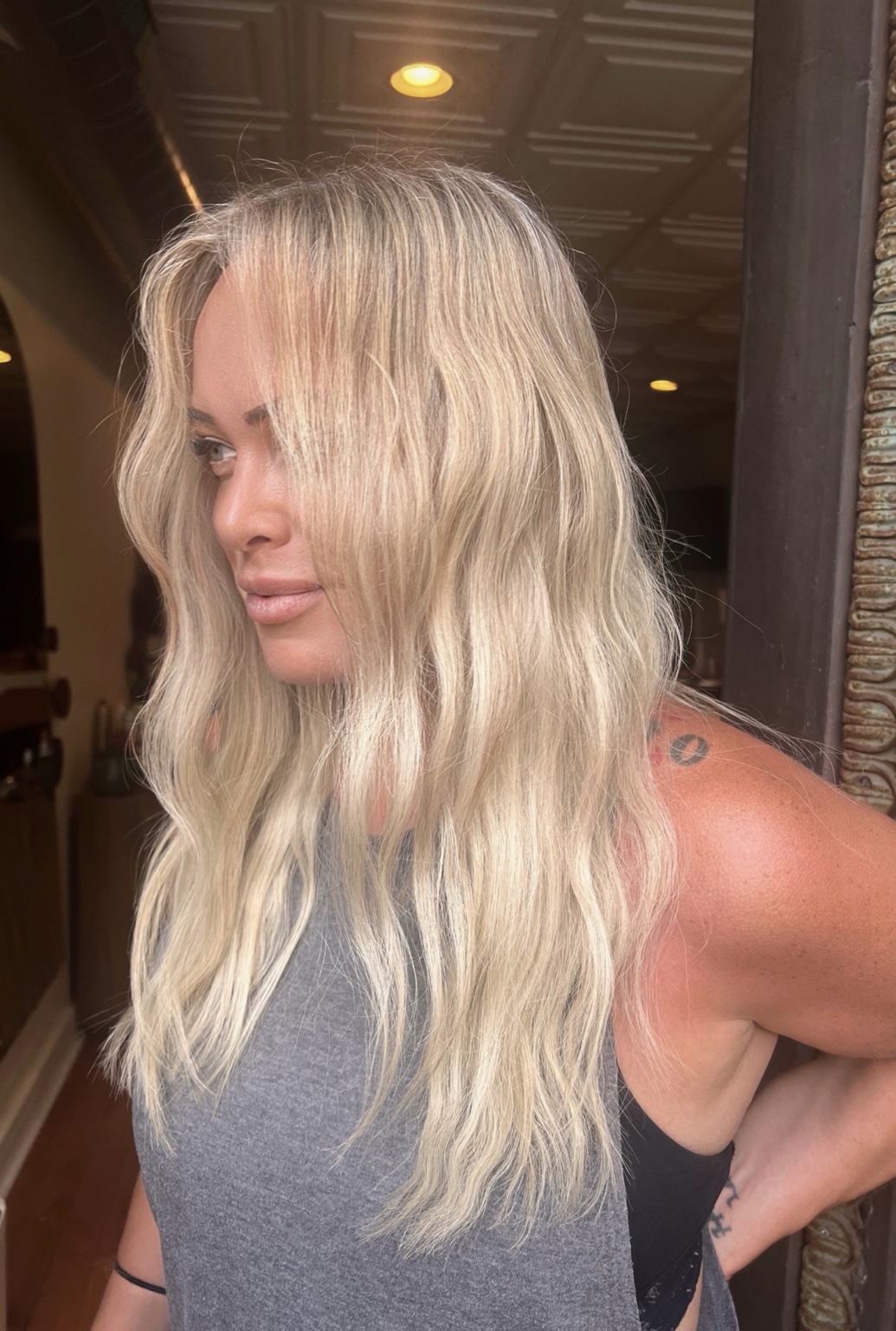 Long luminous platinum blonde hair with soft movement